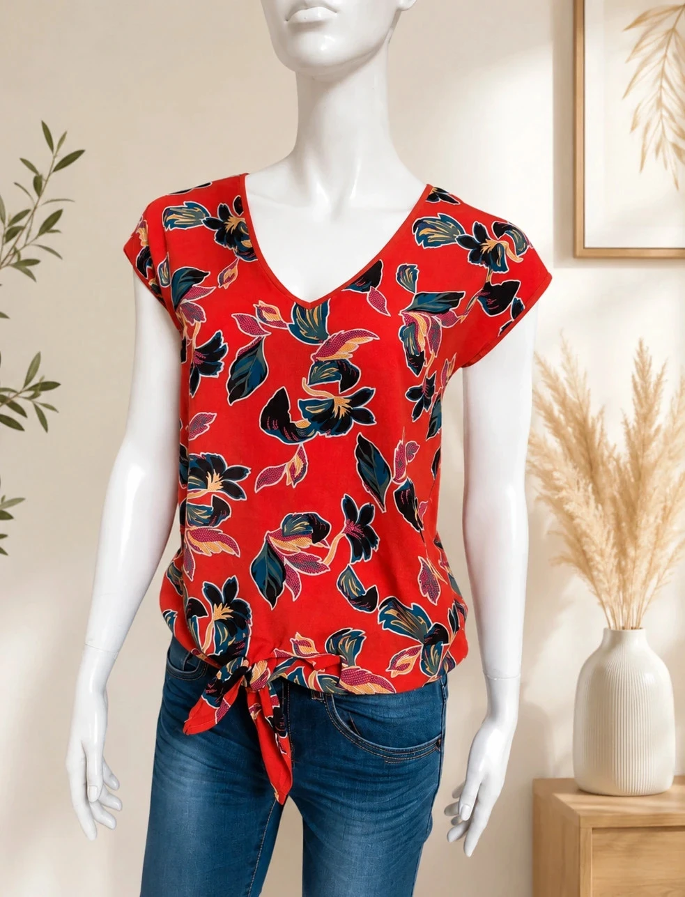Top femme rouge fleuri noué T.M – blouse chic printemps 🌺